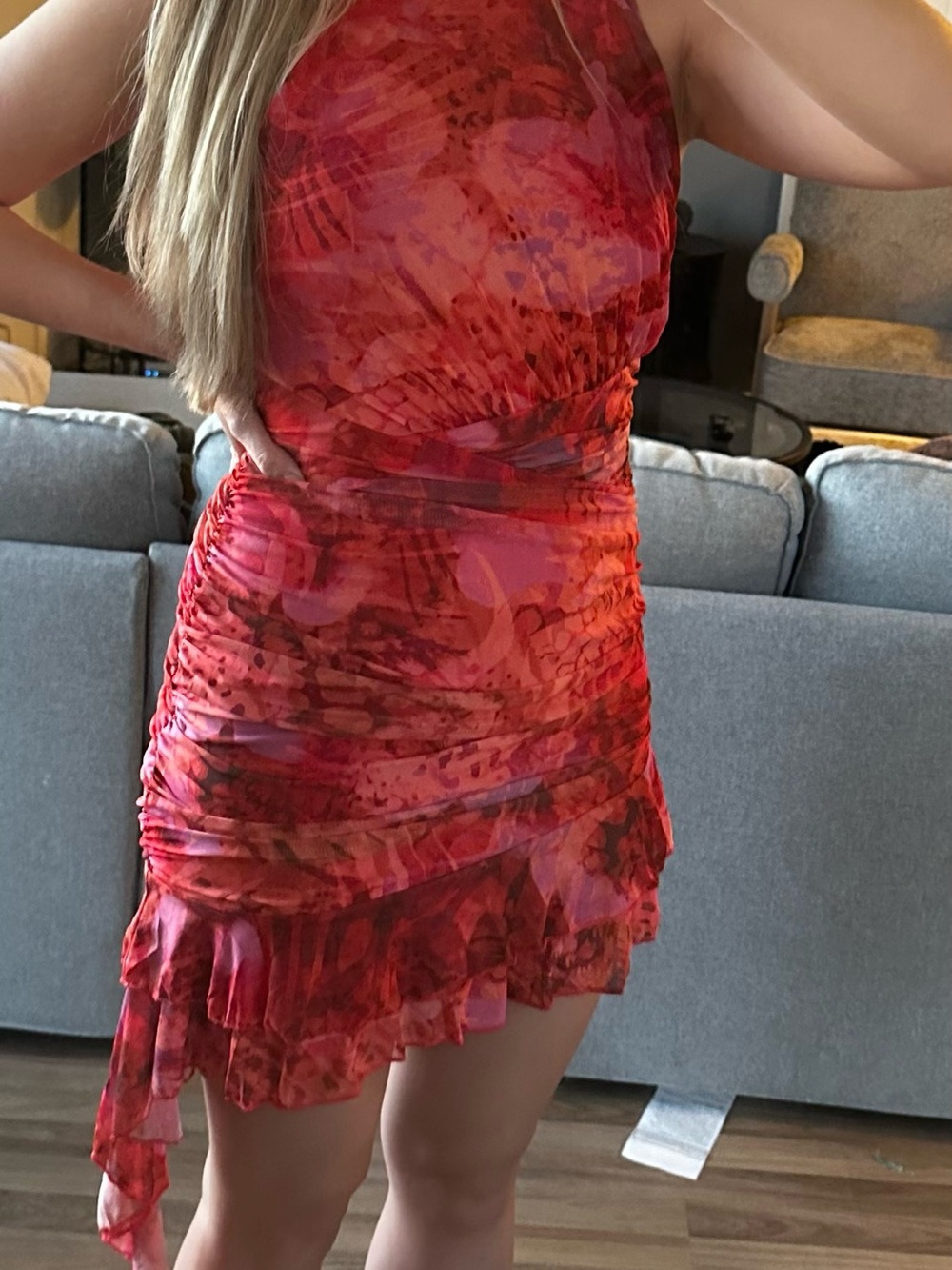 Fashion Nova Red Multi-Tone Asymmetrical Halter Mini Dress